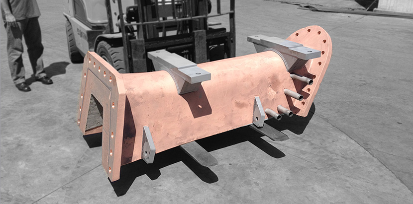 Launder segment with steel supports for copper matte.